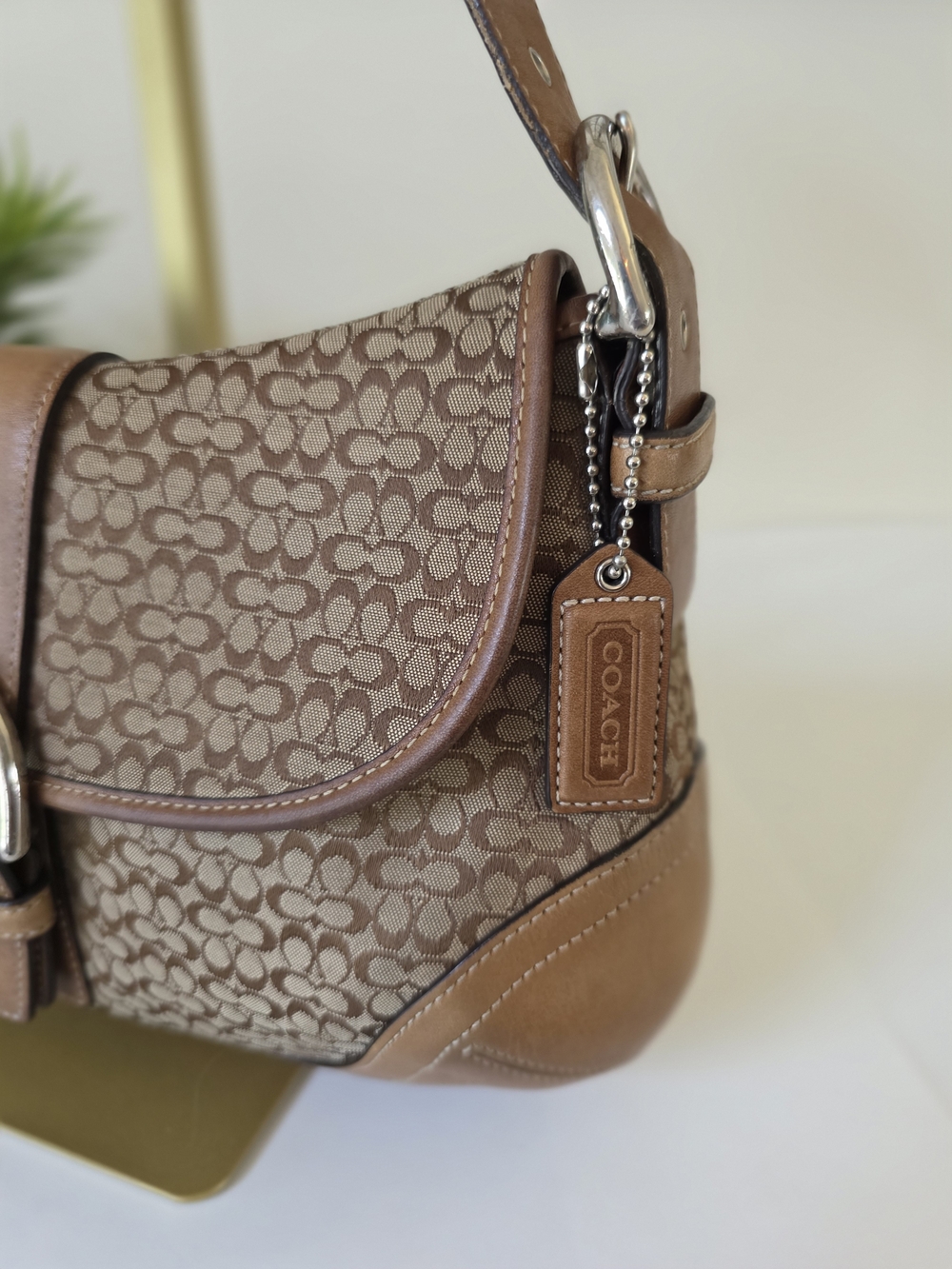 Coach Soho Signature Large Flap Shoulder Bag Brown Jacquard Canvas Leather Trim - Picture 3 of 16